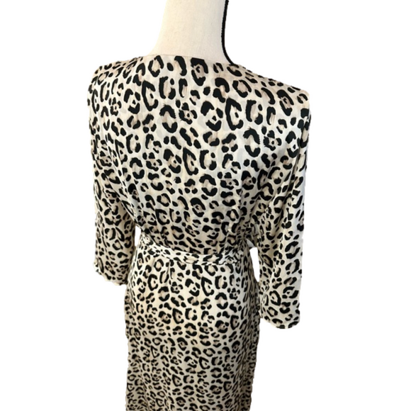 Zara Ivory/Black Silky Leopard Print Wrap Long Sleeve Midi Dress Size S - Picture 5 of 8